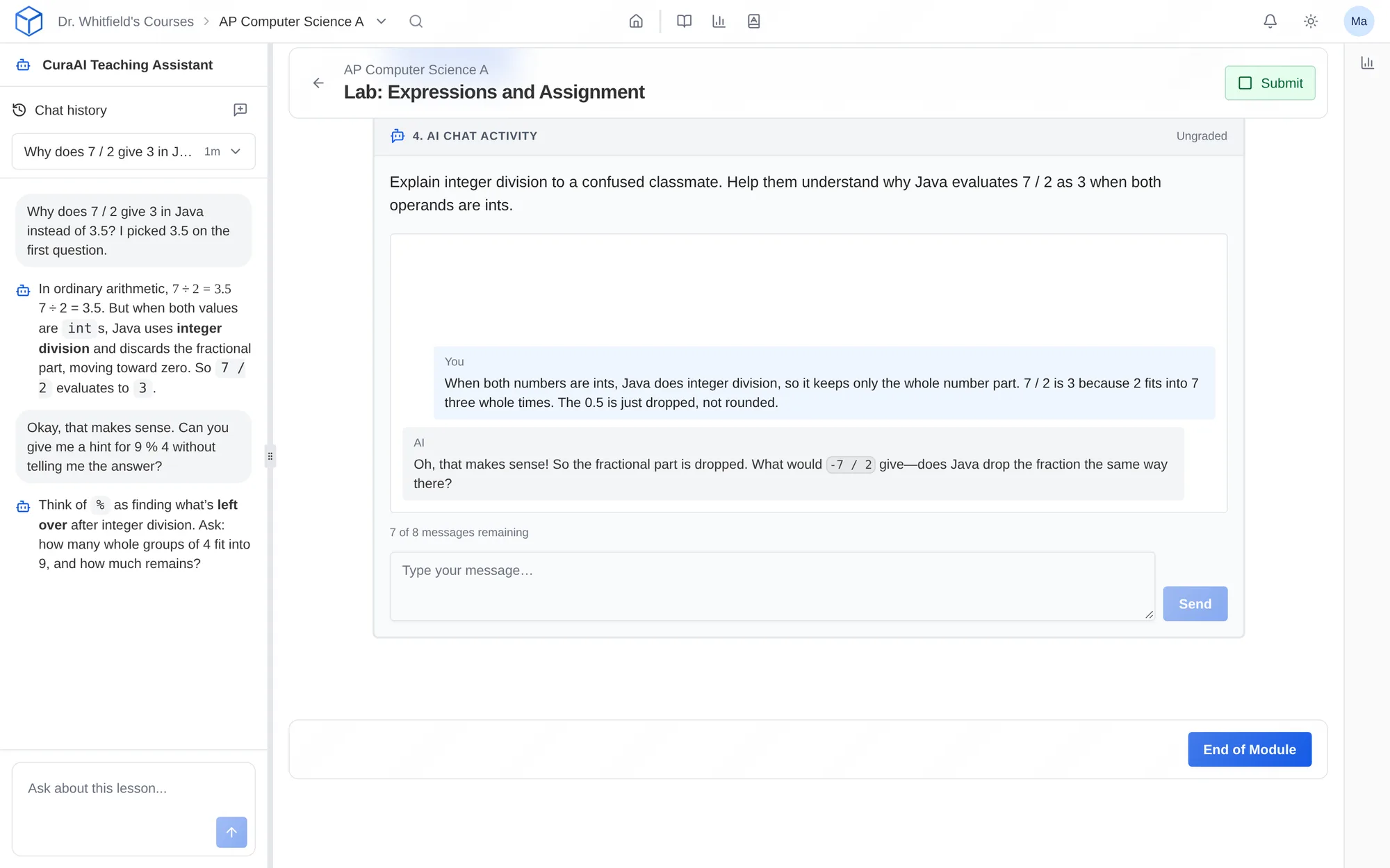 An AI chat activity where a student explains integer division to an AI playing a confused classmate