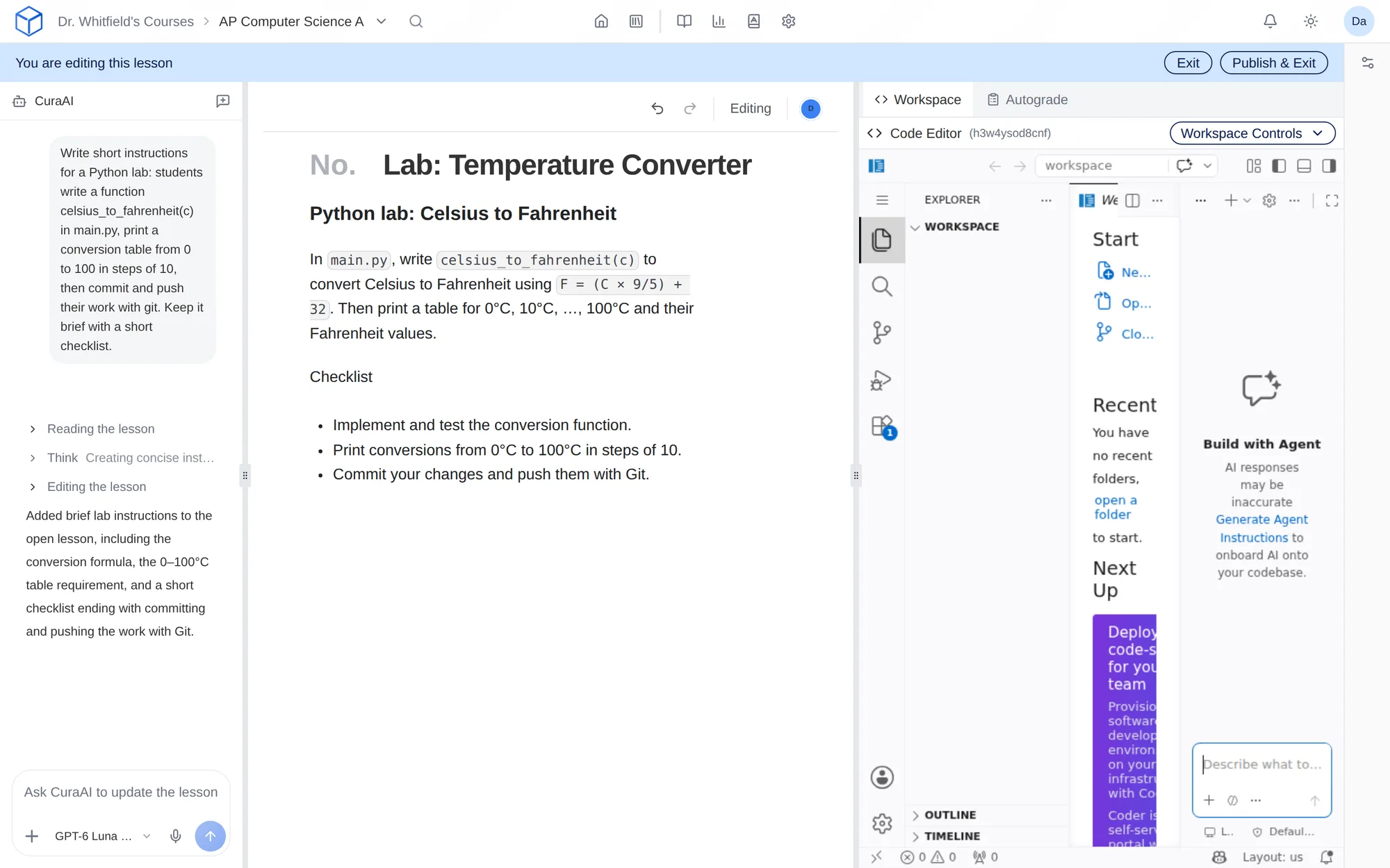 A Python cloud lab with lab instructions beside VS Code running in the browser