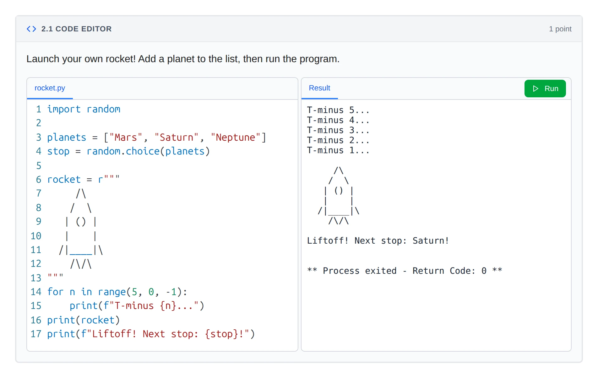 A Python code editor in a lesson, with a rocket launch program beside its countdown output
