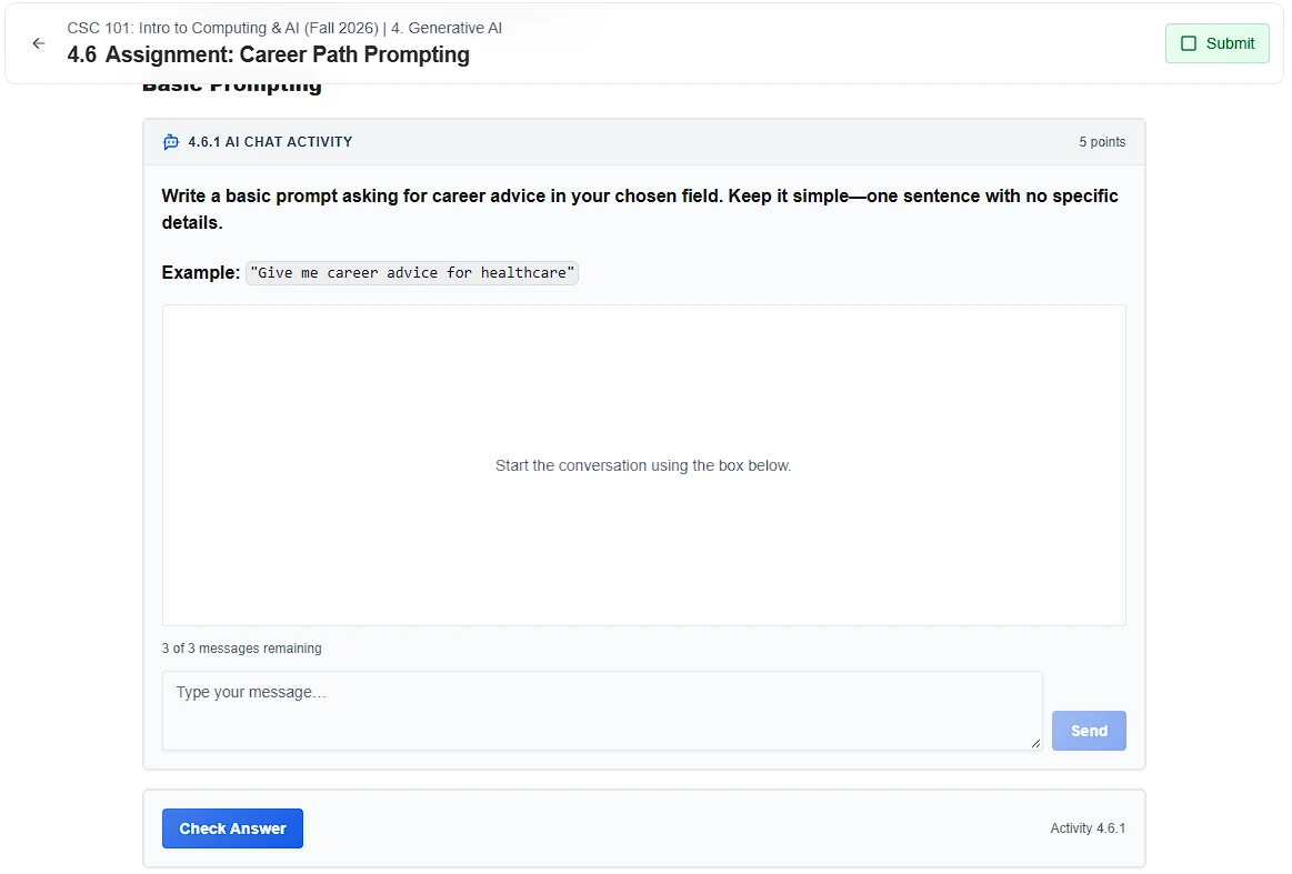 An AI chat activity in Introduction to Computing & AI where students write a prompt asking for career advice