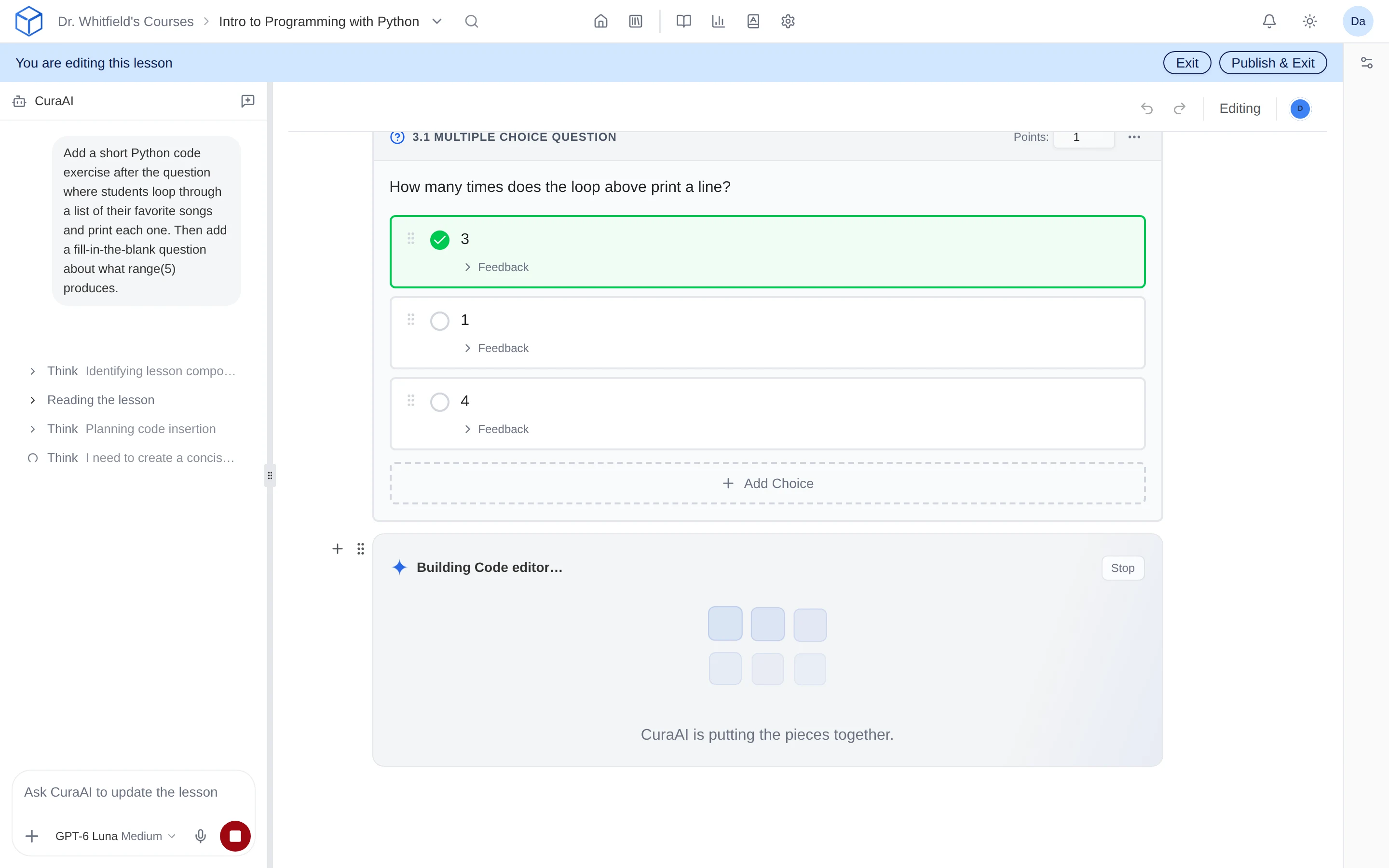 CuraAI adding a code editor exercise to a Python lesson on lists and loops