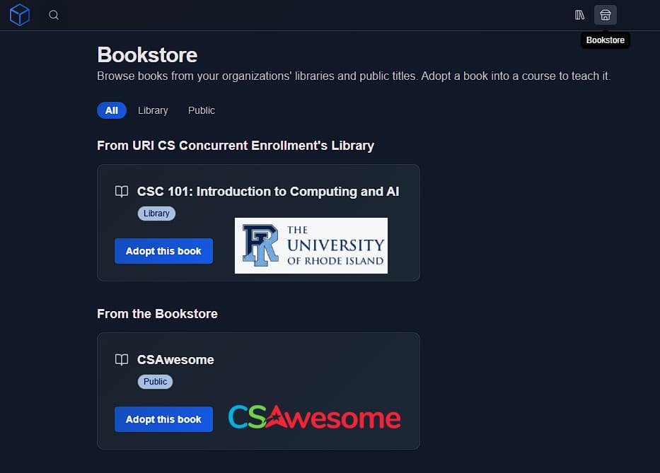 Bookstore showing an organization library book and the public CSAwesome title