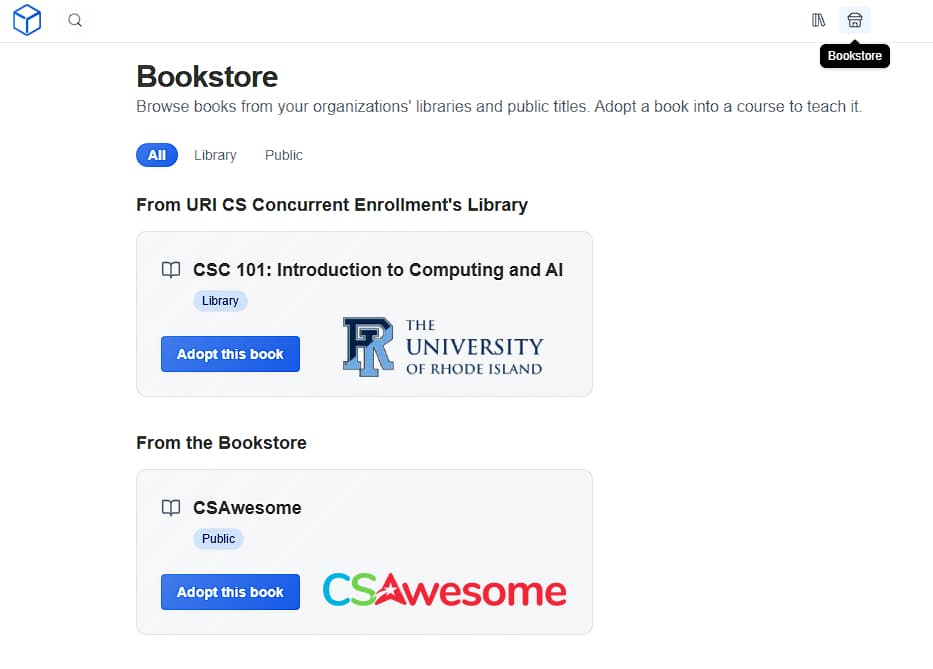 Bookstore showing an organization library book and the public CSAwesome title