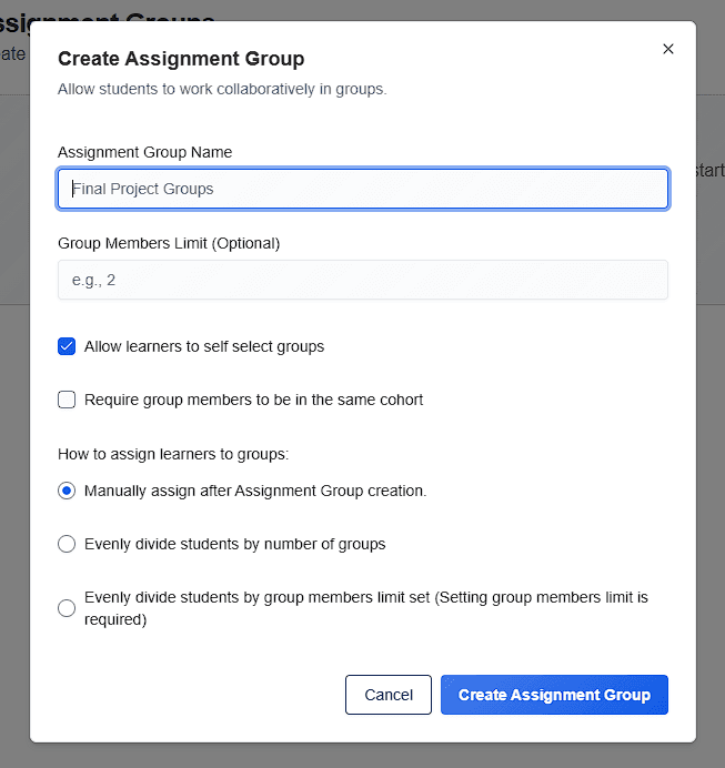 CuraCourse screenshot: Assignment groups (for group work)