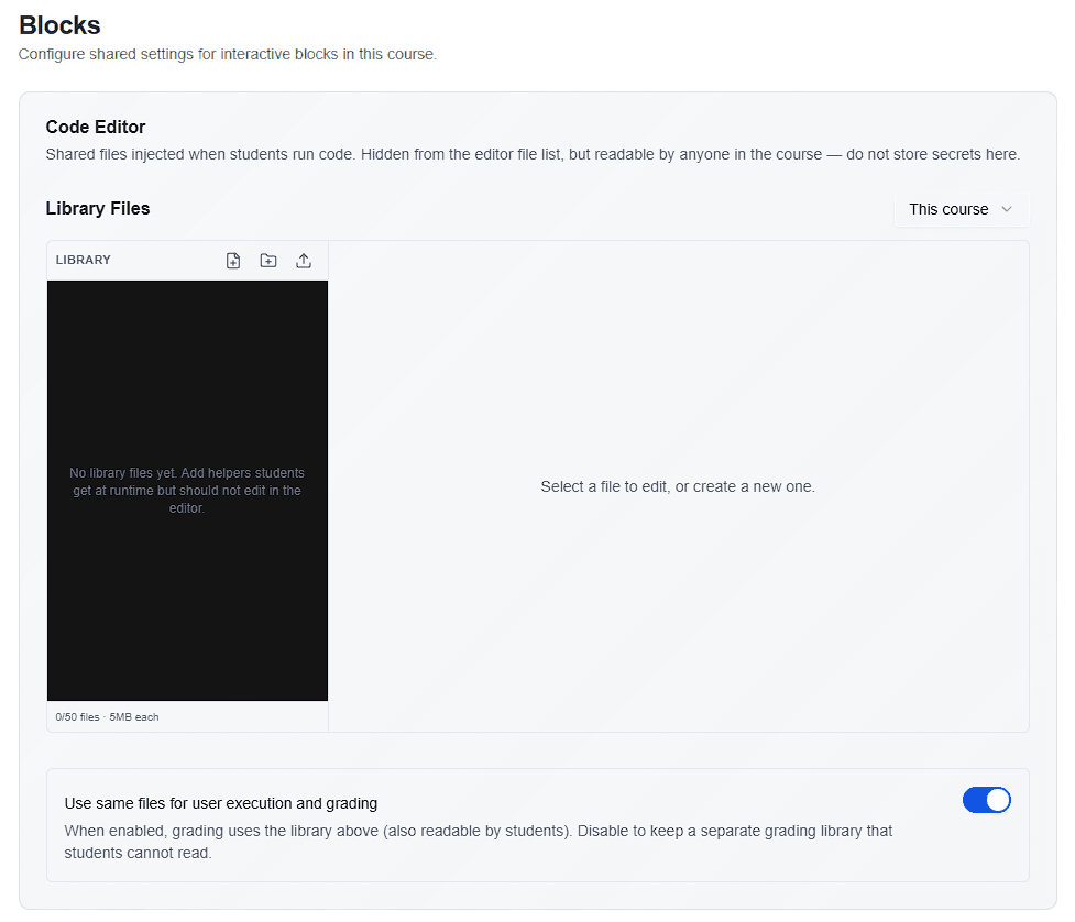 CuraCourse screenshot: Course blocks: code editor library