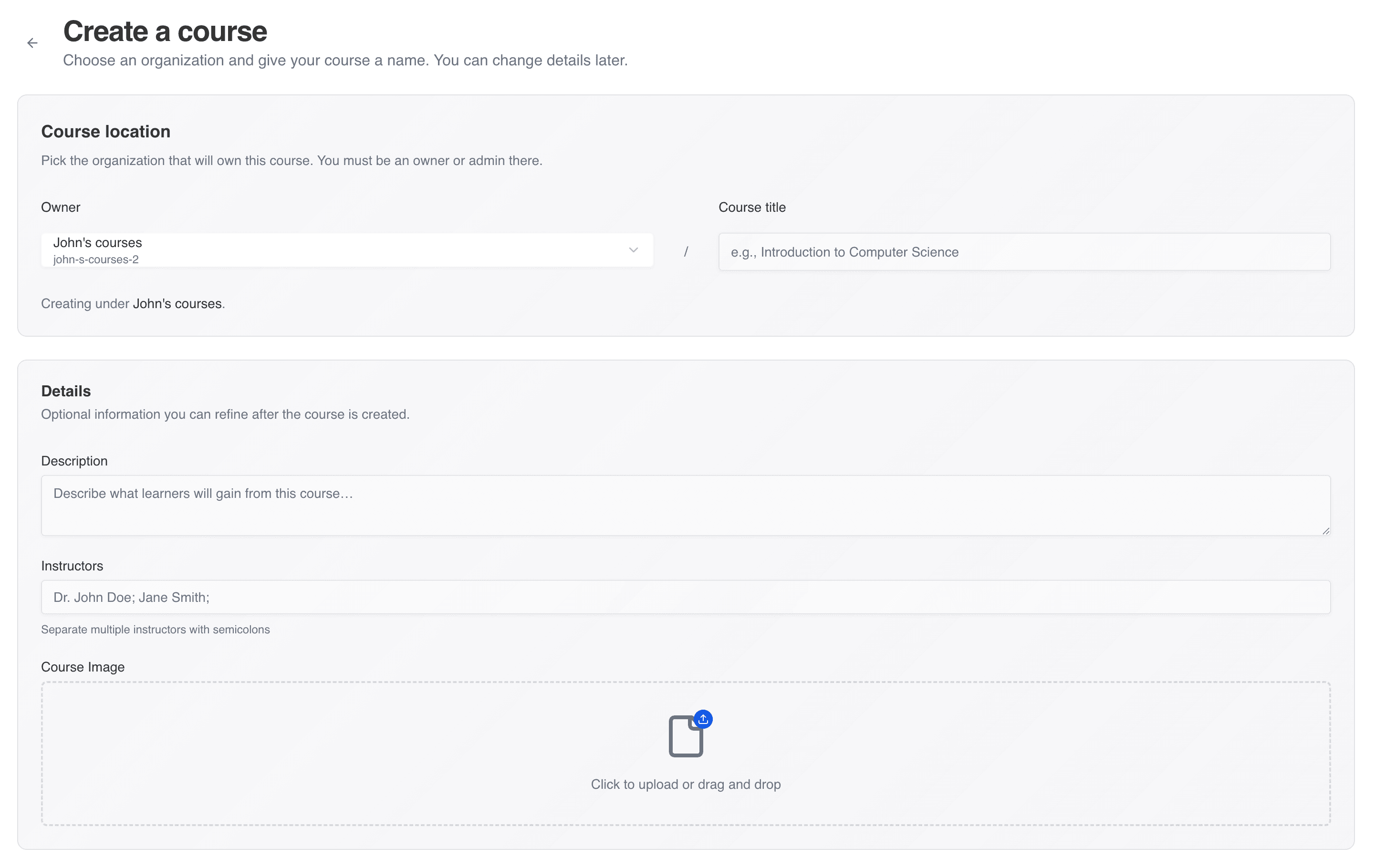 CuraCourse screenshot: Create a course