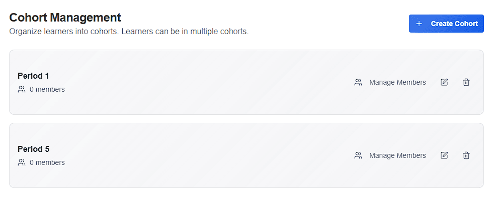 CuraCourse screenshot: Create cohorts (organize learners)