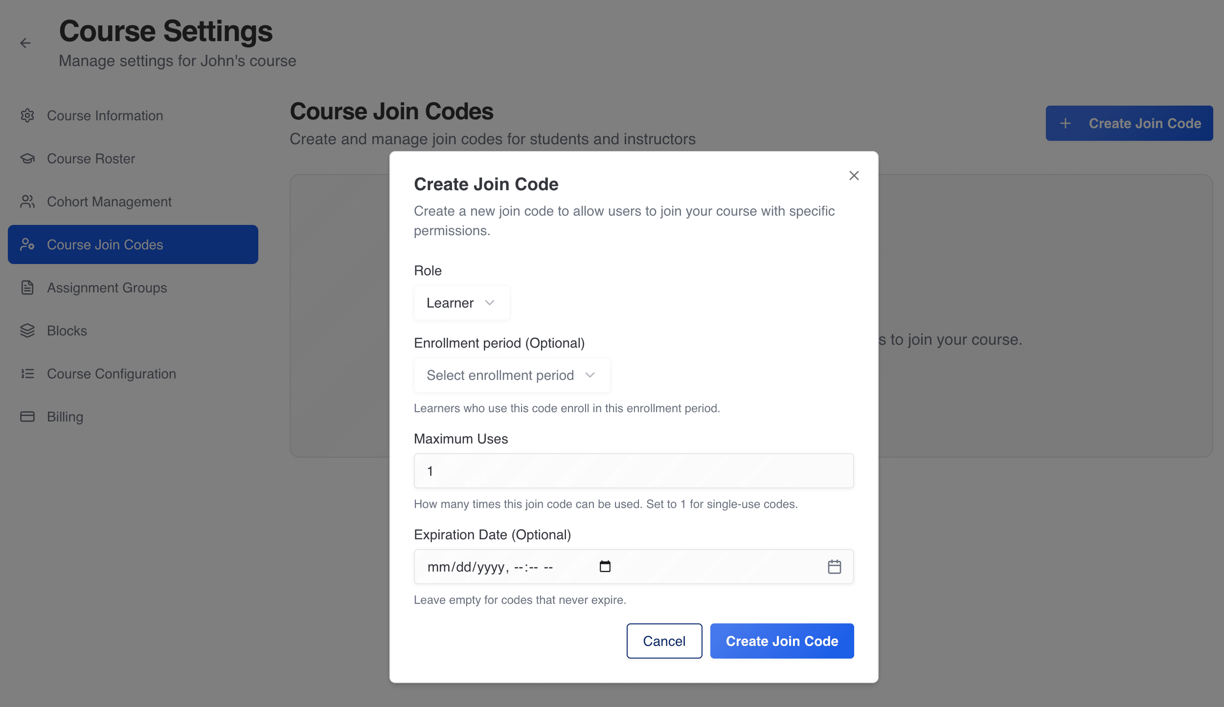 CuraCourse screenshot: Add students to your course - manage join codes (learners & instructors)