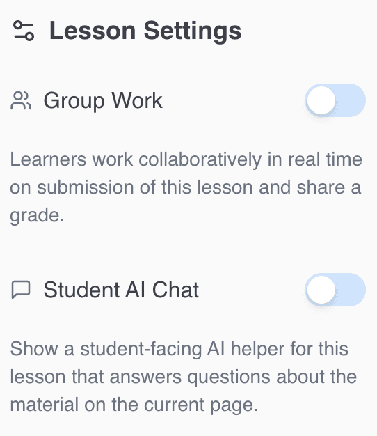 CuraCourse screenshot: Lesson Settings: group work & Student AI Chat