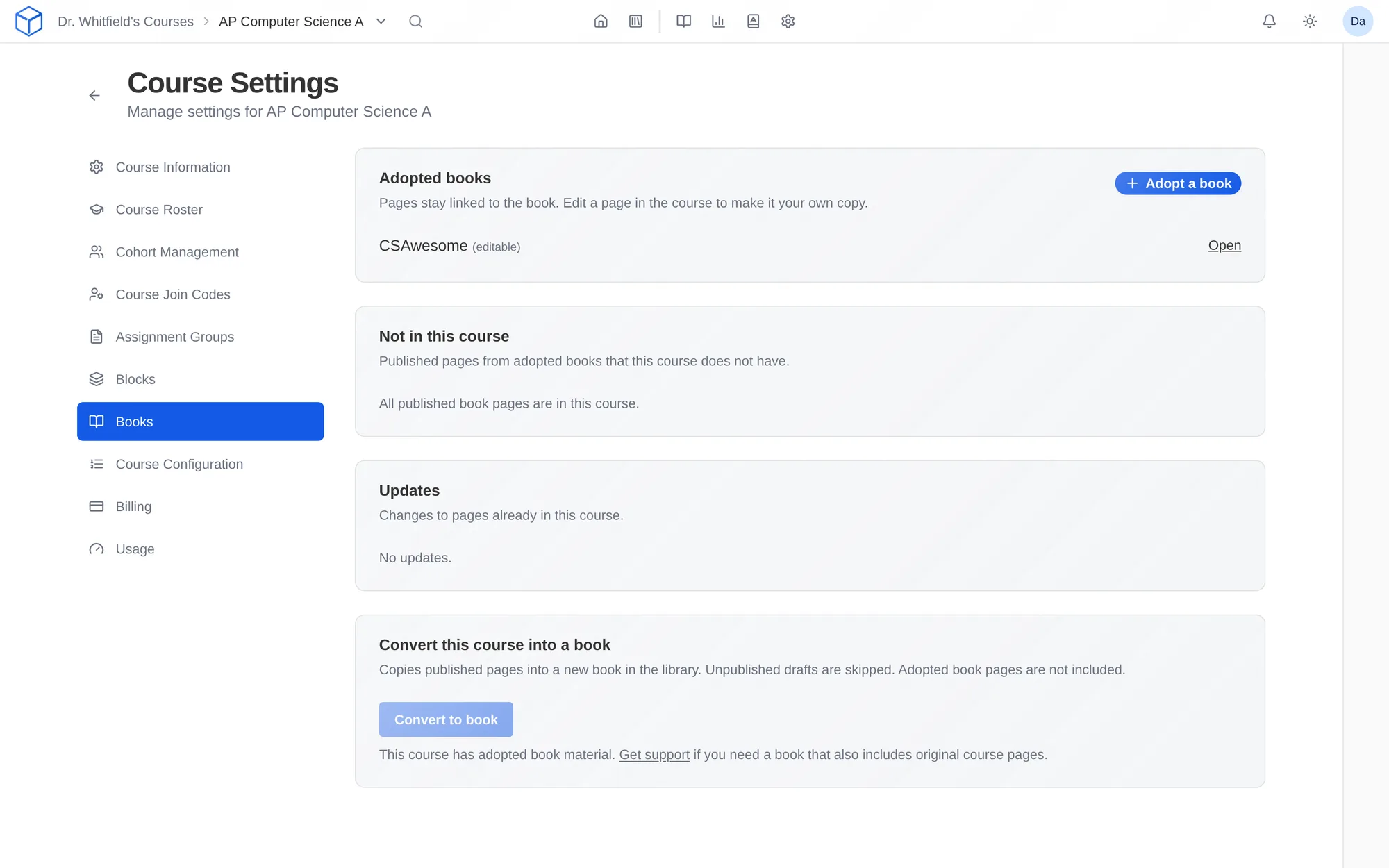Course settings showing CSAwesome adopted, with linked pages and book updates