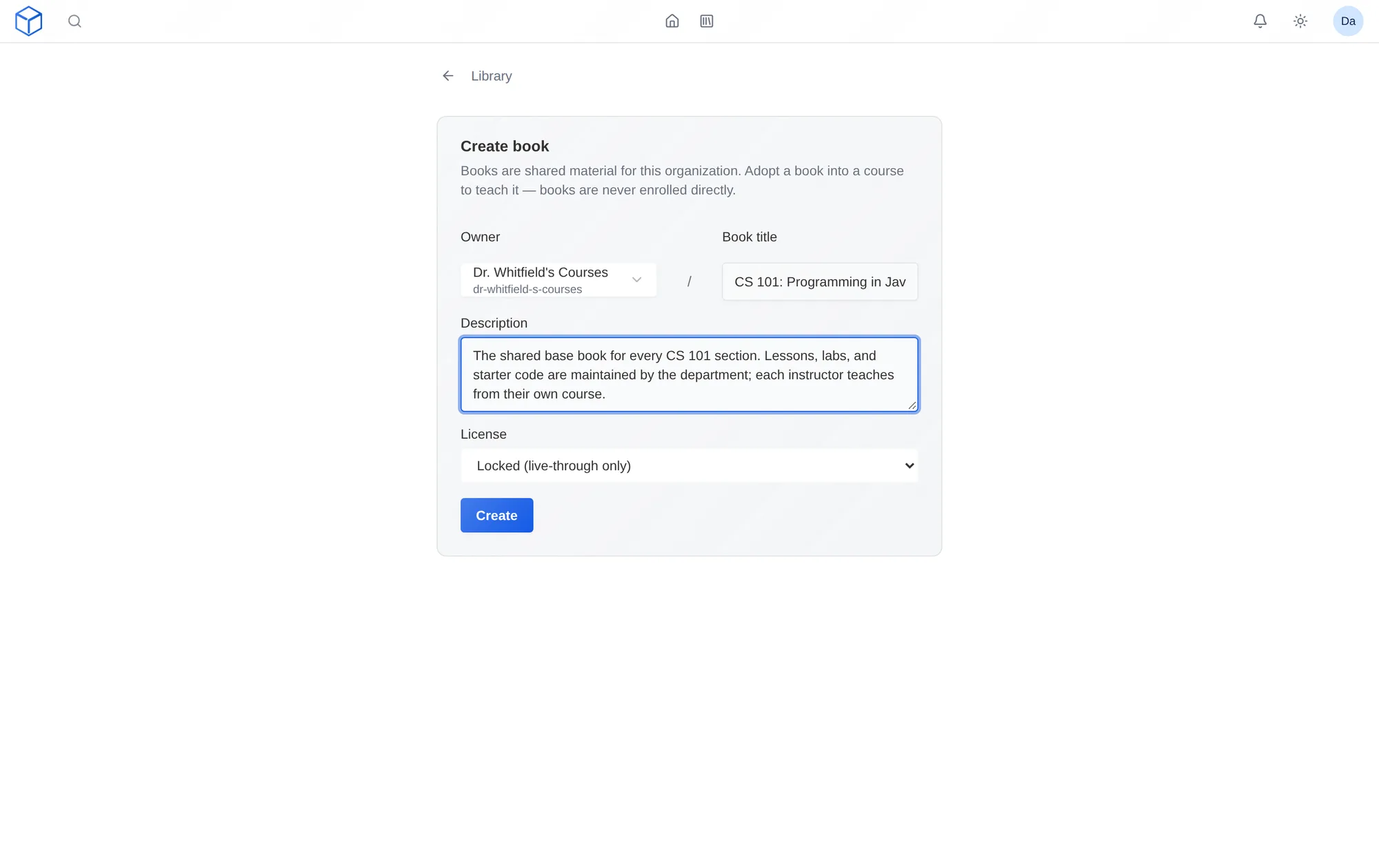 Creating a book in an organization library with a locked license