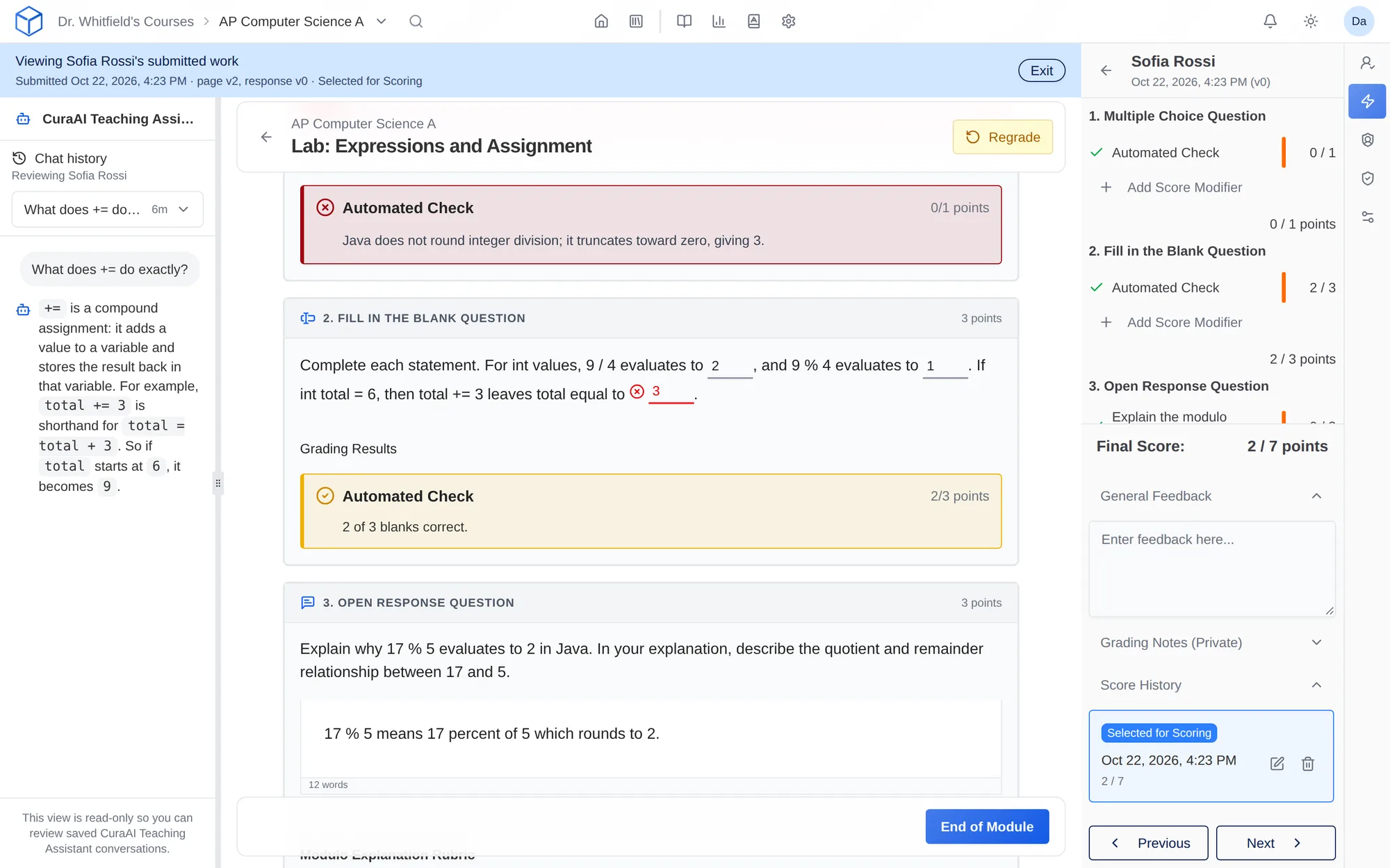 Lightning Grader showing a student's submission with automated checks and an AI-graded rubric item