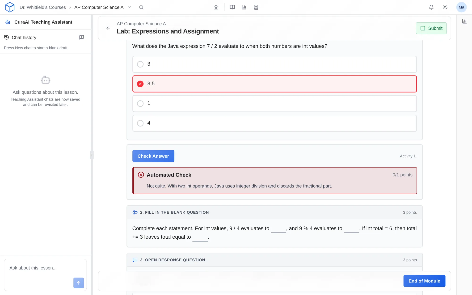 A Check Answer result explaining why a student's multiple choice answer is wrong
