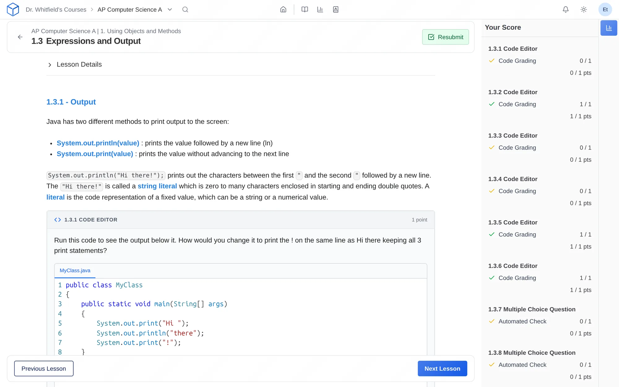 A CSAwesome lesson with a runnable Java code editor and the student's scores