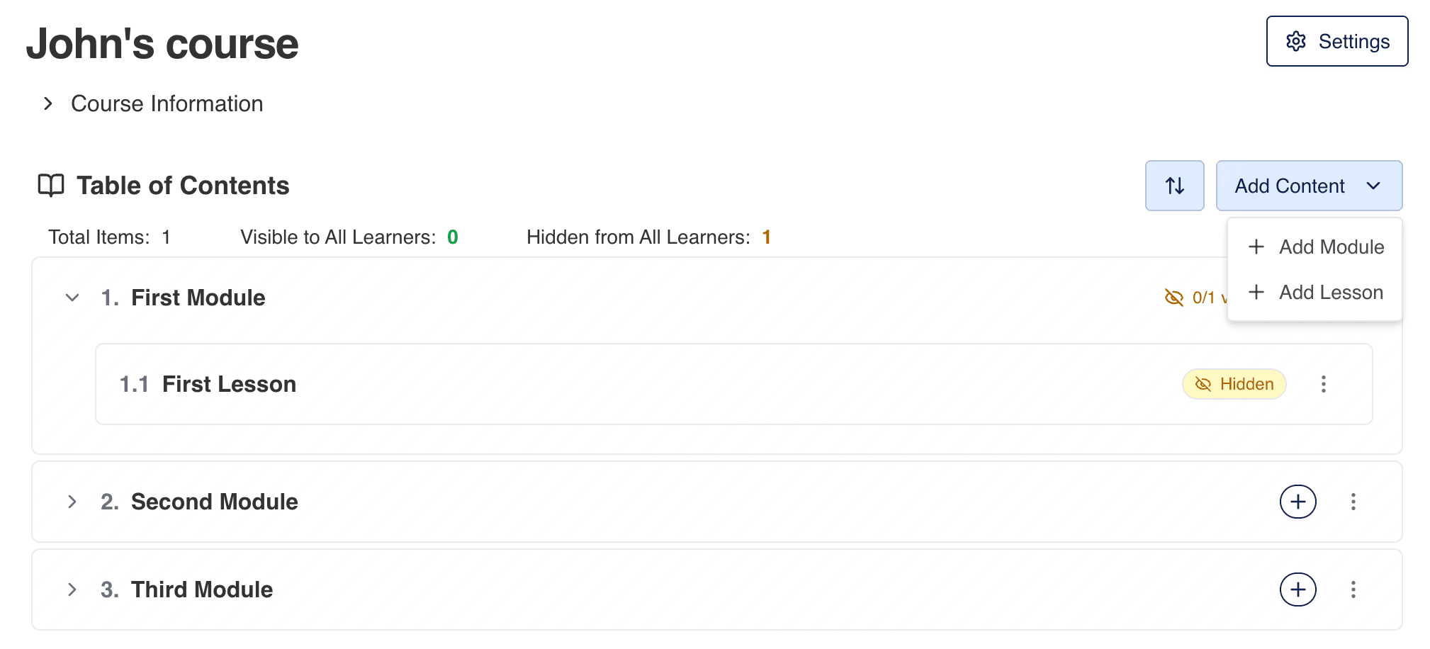 CuraCourse screenshot: Course dashboard basics (Table of Contents + adding content)