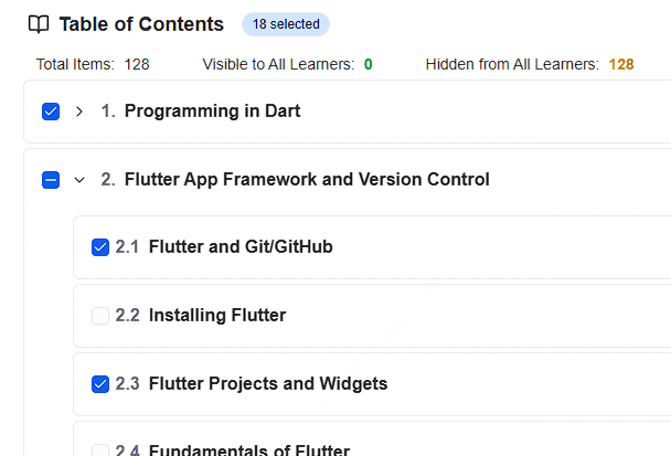 CuraCourse screenshot: Bulk Edit Access & Score Policies from the Table of Contents