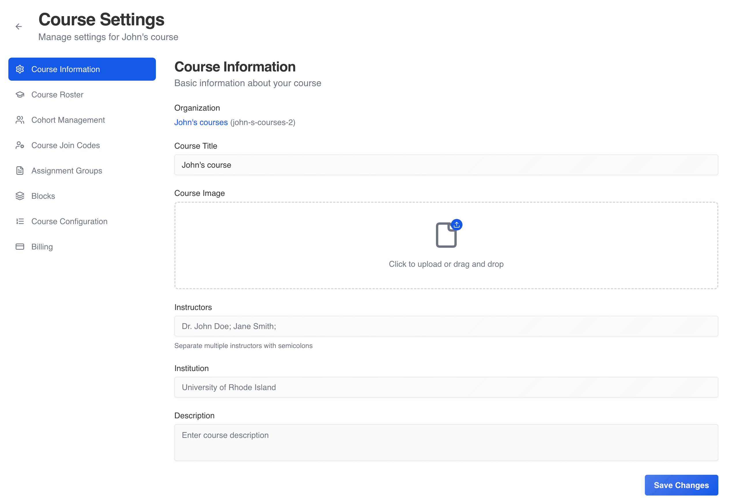 CuraCourse screenshot: Course settings overview