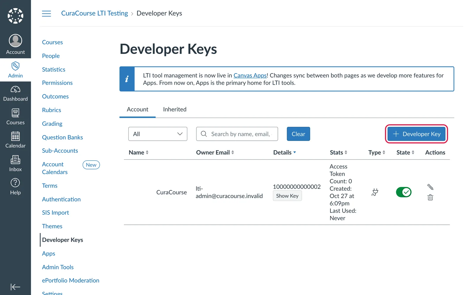 Canvas screenshot: the Developer Keys page with the + Developer Key button