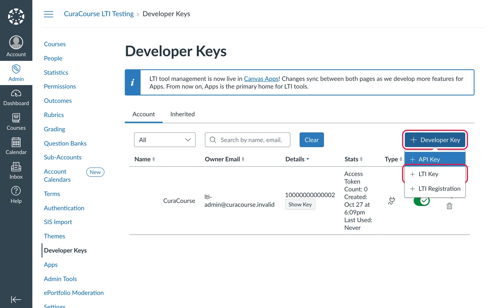 Canvas screenshot: the + Developer Key menu with LTI Key