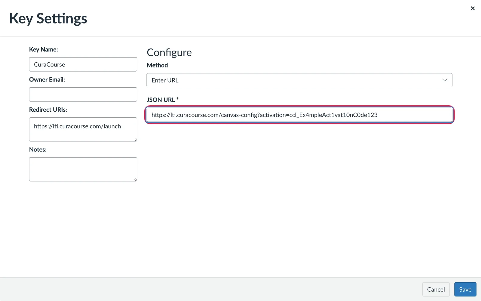 Canvas screenshot: Key Settings with Method set to Enter URL and the CuraCourse configuration URL