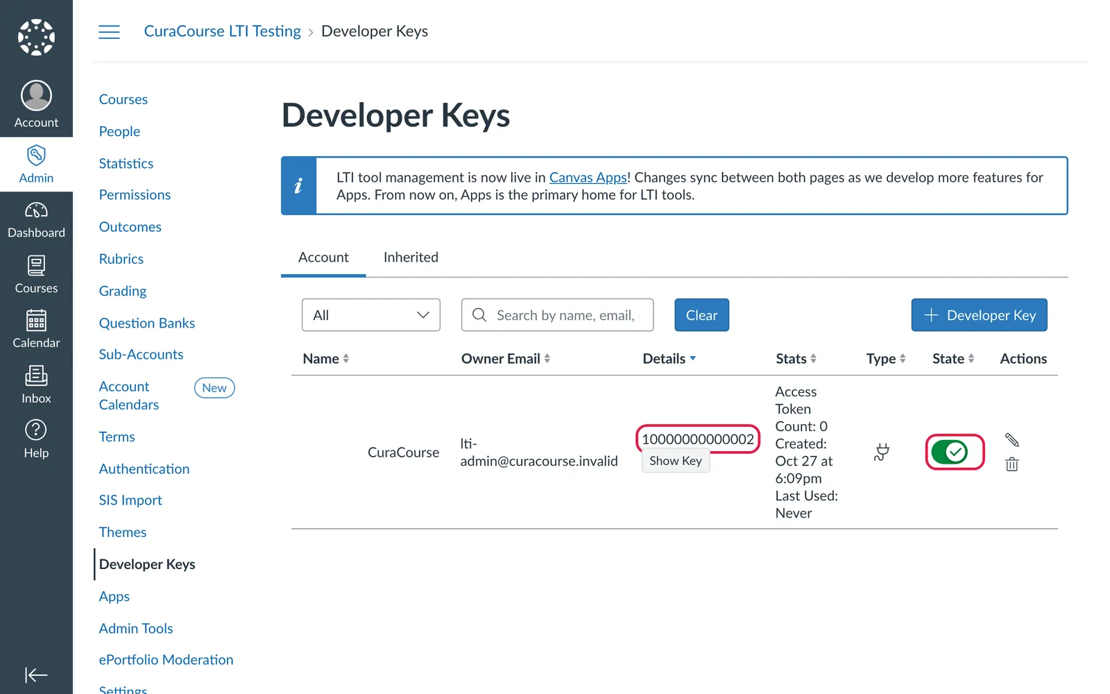 Canvas screenshot: the CuraCourse key turned on, with its client ID