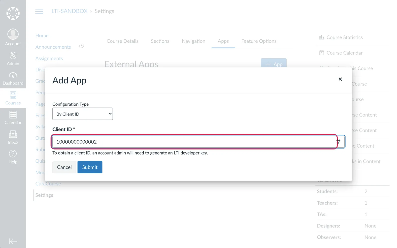 Canvas screenshot: Add App with Configuration Type set to By Client ID