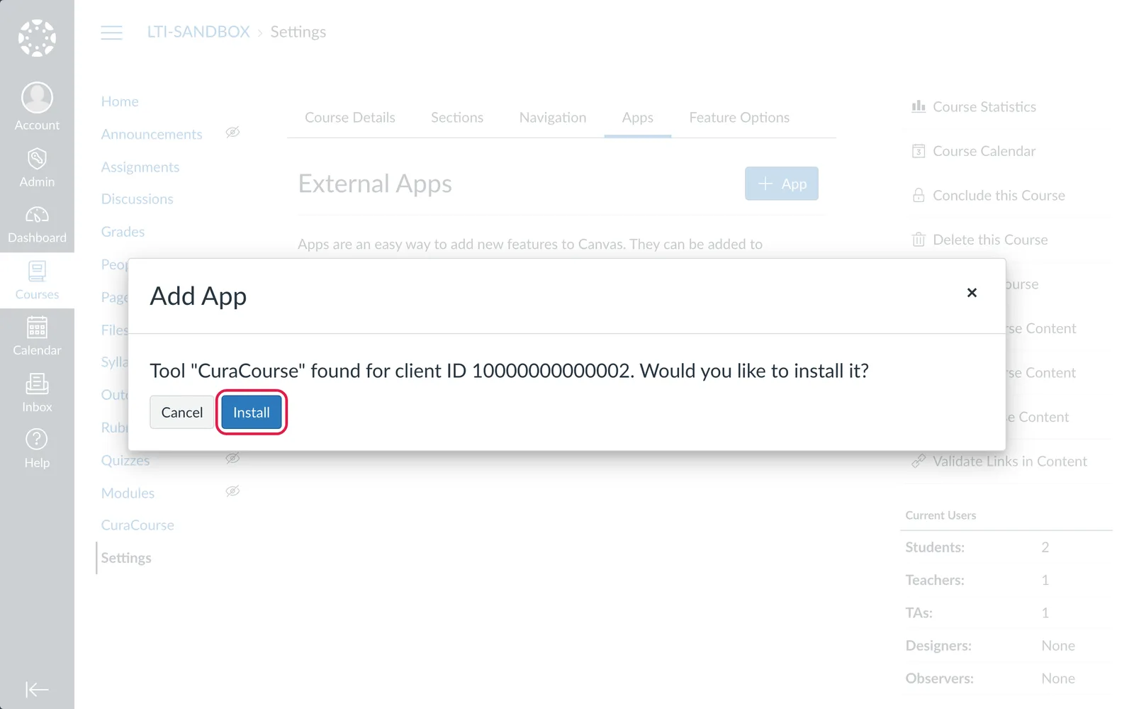 Canvas screenshot: Canvas asks to install the CuraCourse tool