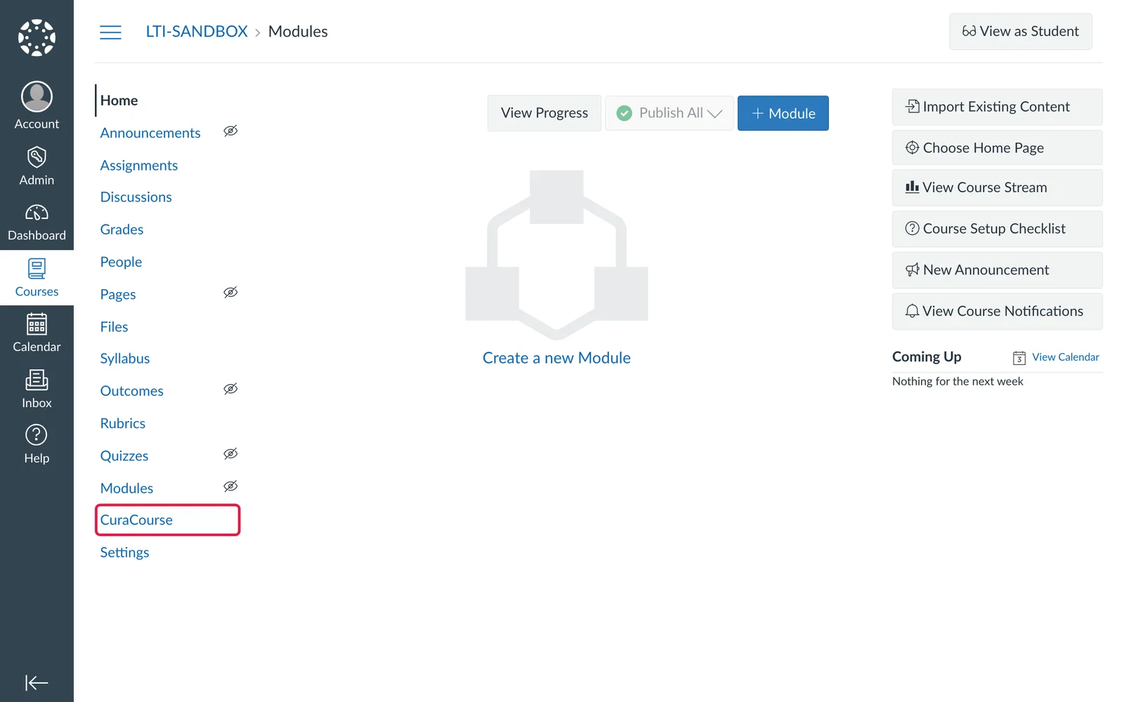 Canvas screenshot: the CuraCourse link in the course navigation