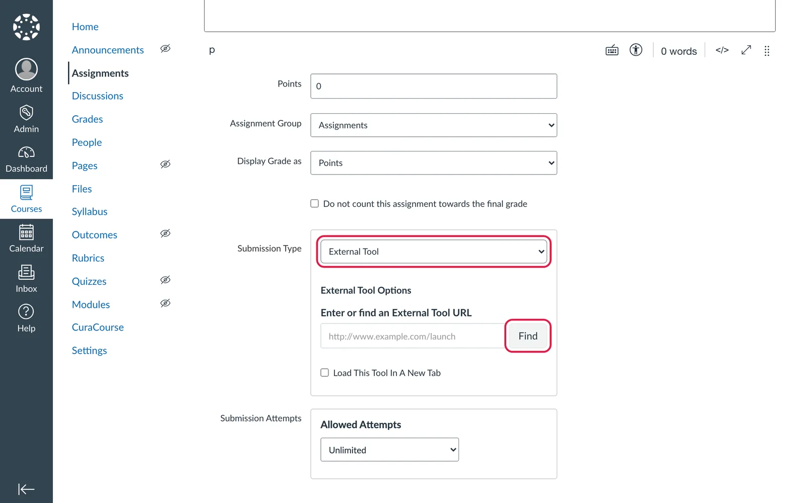 Canvas screenshot: an assignment with Submission Type External Tool and the Find button