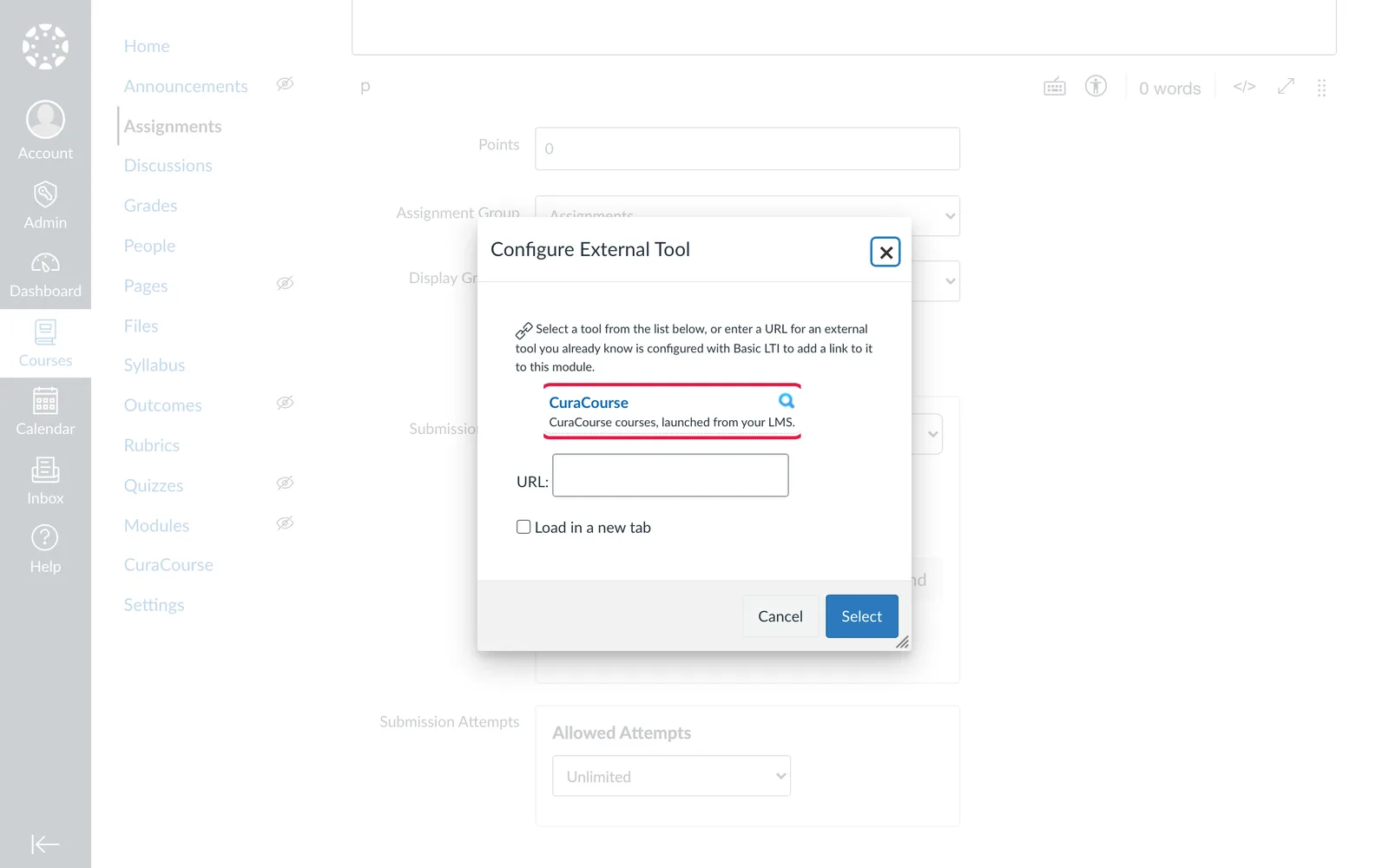Canvas screenshot: the Configure External Tool dialog listing CuraCourse