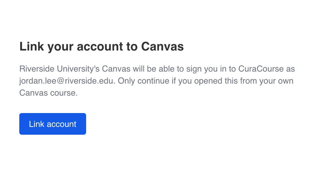 CuraCourse screenshot: confirming an LMS account link