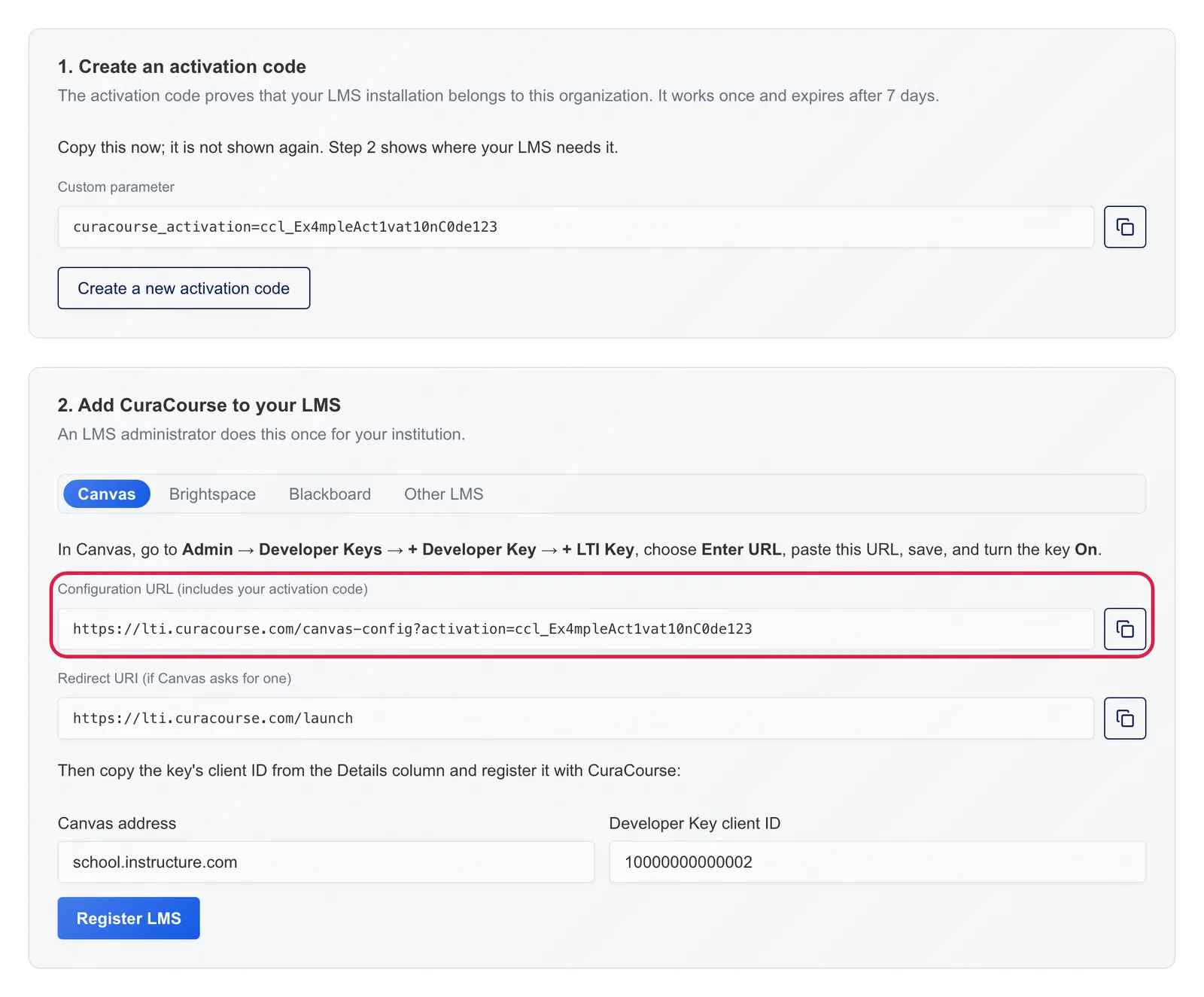 CuraCourse screenshot: the Canvas configuration URL with an activation code, and the registration form