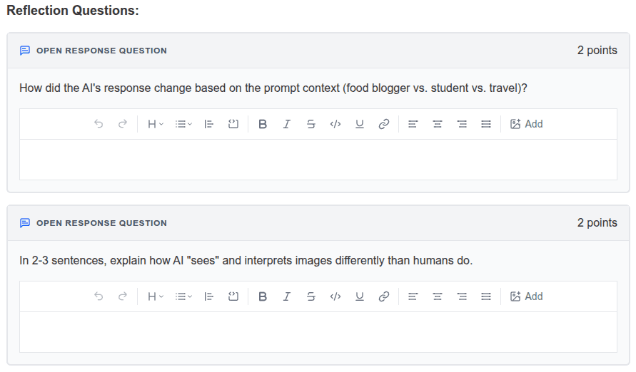 Lesson activity exploring how AI responds to different prompts