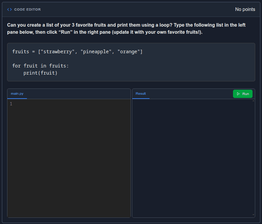 In-browser Python coding activity showing a simple loop