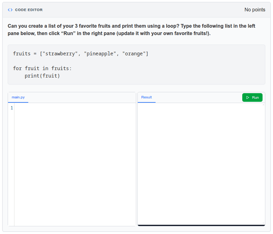 In-browser Python coding activity showing a simple loop